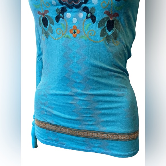 Free People Blue Hippie Boho Southwestern Aztec Floral Long Sleeve Stretch Shirt - Picture 3 of 9